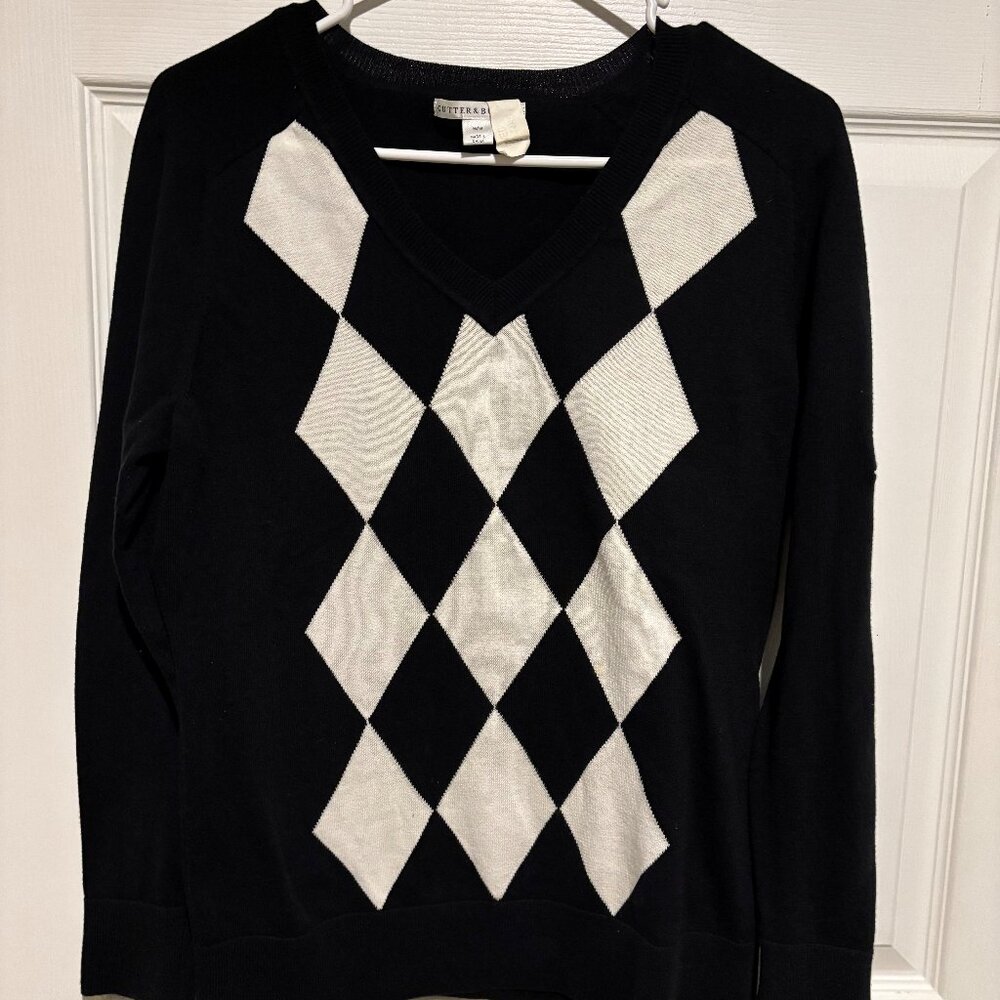 Cutter & Buck black and white argyle v-neck sweater.